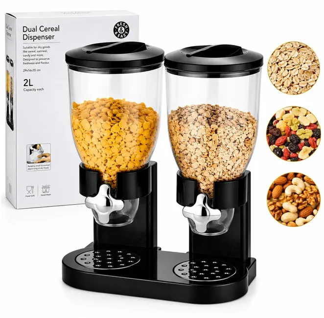 Accesorii bucătărie - Dispenser dublu pentru cereale și alimente uscate Bibica Edition, capacitate 2L, cu sistem de dozare prin rotație