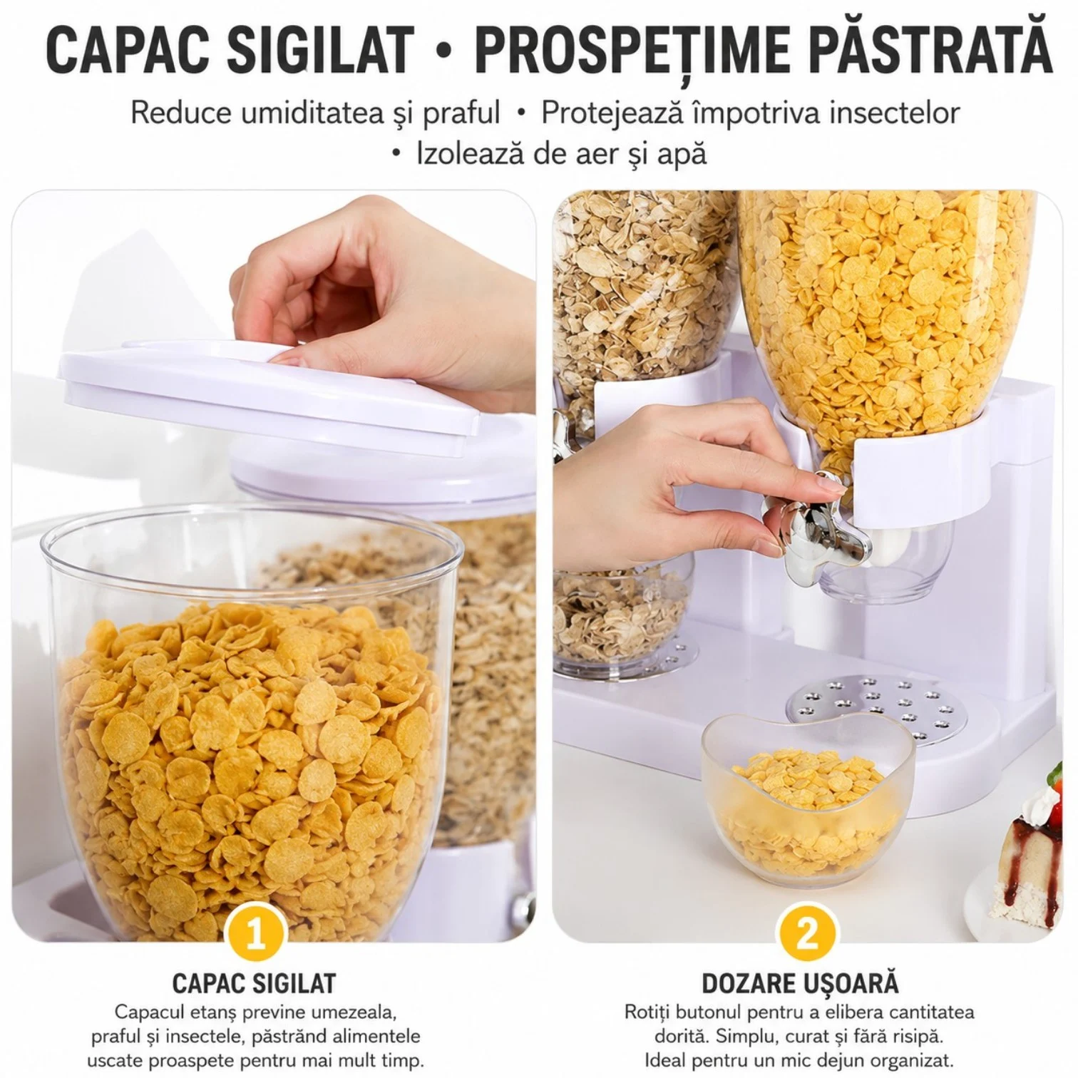 Dispenser dublu pentru cereale și alimente uscate Bibica Edition, capacitate 2L, cu sistem de dozare prin rotație [2]