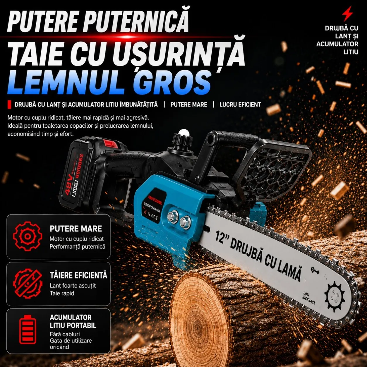 Mini drujbă electrică cu acumulator 48V din gama Bibica Edition cu lamă de 30 cm [2]