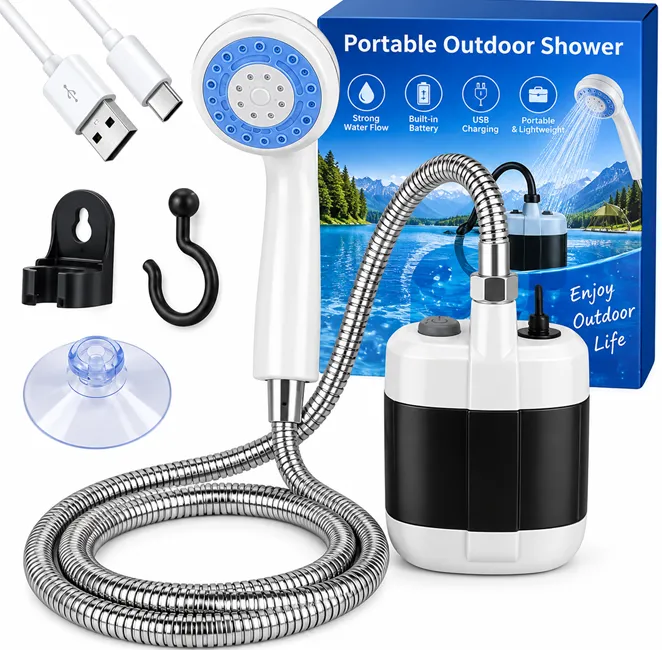 Accesorii camping - Duș portabil pentru camping Bibica Edition cu acumulator reîncărcabil prin USB și pompă electrică submersibilă
