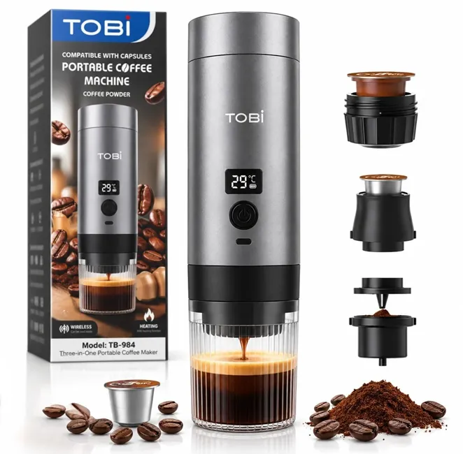 Accesorii bucătărie - Espressor Portabil Tobi 3 în 1, 72W, Încălzire la 90°C, pentru Capsule și Cafea Măcinată