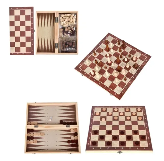 Jocuri & jucării - Joc 3 in 1 sah table si dame din lemn Bibica Edition cutie pliabila de 34x18cm cu piese incluse