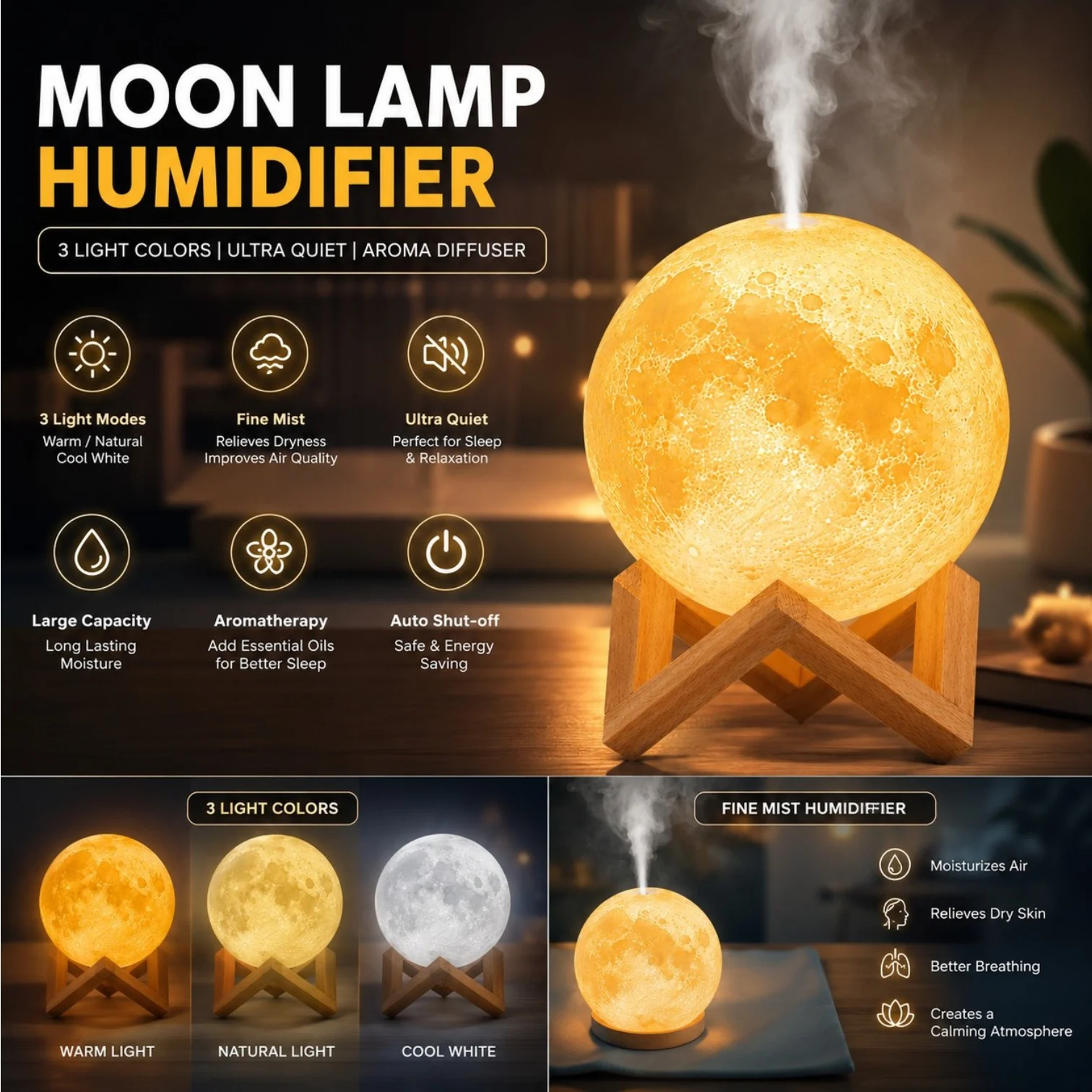 Lampă decorativă LED în formă de Lună 3D de 15 cm cu umidificator ultrasonic integrat și suport din lemn [2]