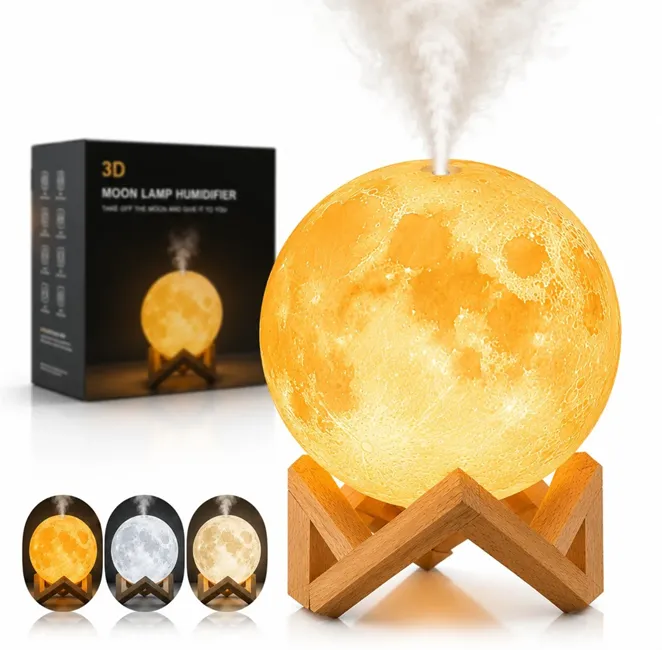 Lampă decorativă LED în formă de Lună 3D de 15 cm cu umidificator ultrasonic integrat și suport din lemn [0]