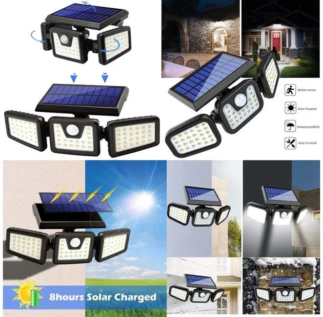 Lămpi led și panouri solare - Proiector solar LED Bibica Edition de 28x8 cm cu trei panouri mobile reglabile și senzor de mișcare integrat