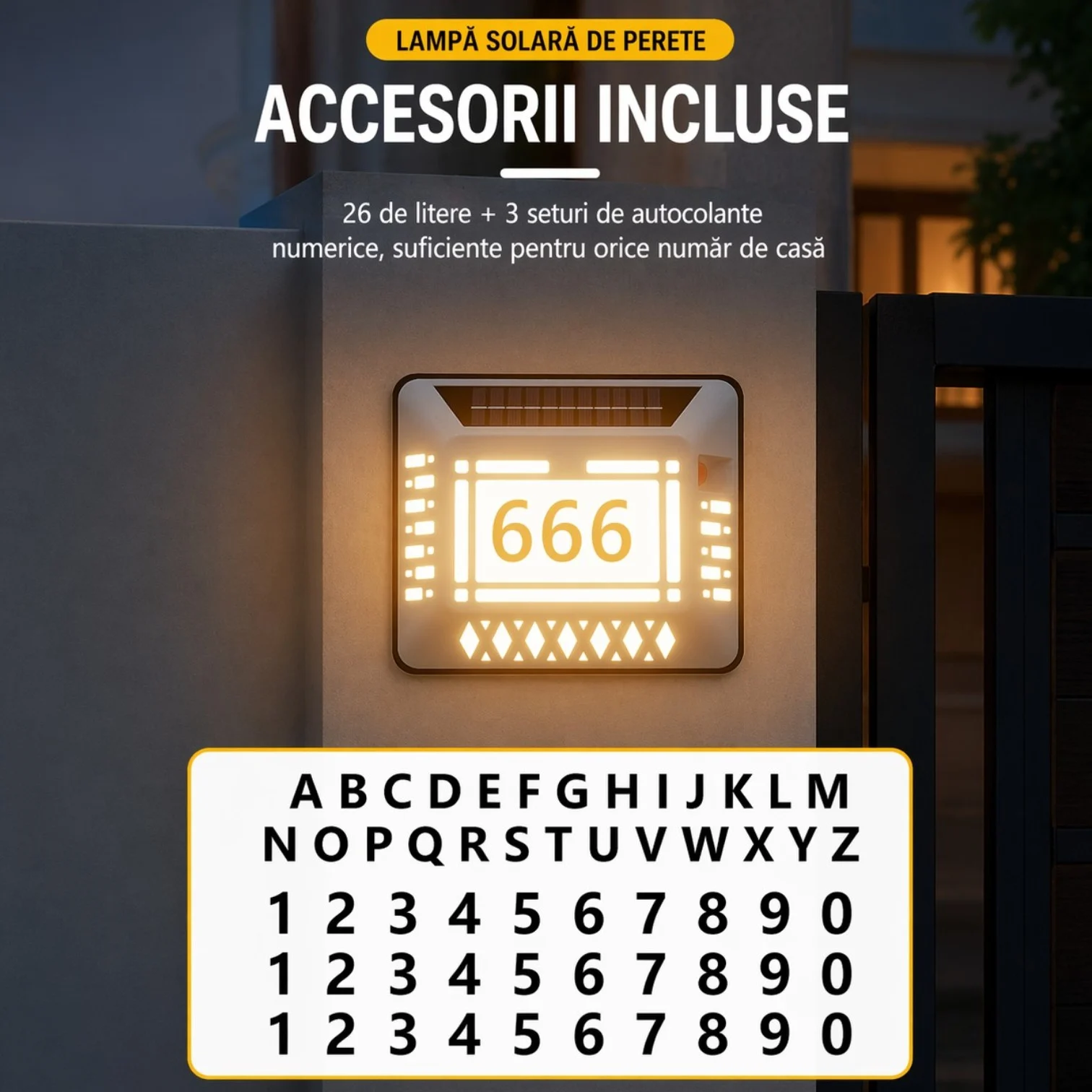 Lampă solară pentru număr casă LED Bibica Edition model 8801M-D cu lumină alb rece și panou solar integrat [1]