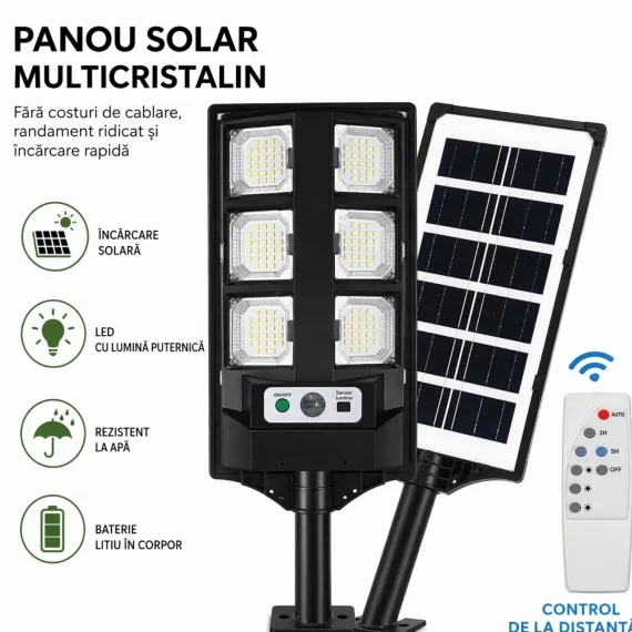 Lămpi led și panouri solare - Lampă solară stradală 43 cm cu 6 module LED si telecomandă