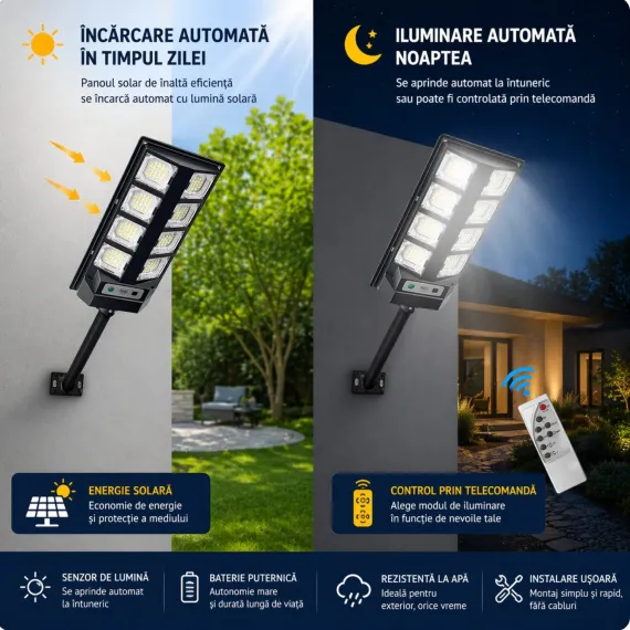 Lampă solară stradala 55 cm cu 8 module LED și telecomandă [3]
