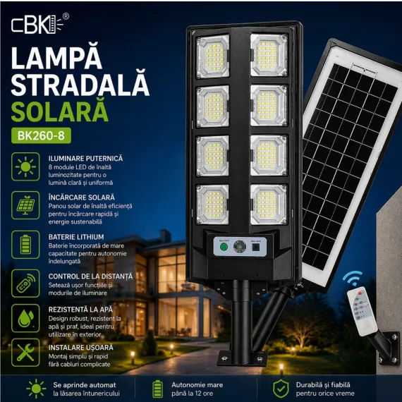 Lampă solară stradala 55 cm cu 8 module LED și telecomandă [2]