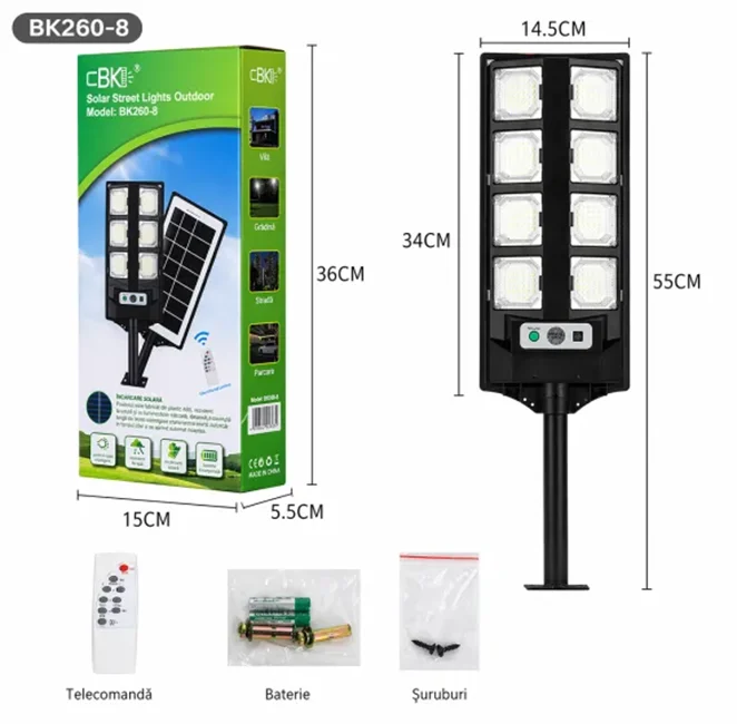 Lămpi led și panouri solare - Lampă solară stradala 55 cm cu 8 module LED și telecomandă