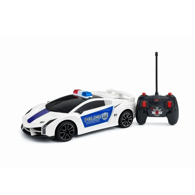 Jucării pentru băieței și seturi de acțiune - Mașină de poliție de jucărie cu telecomandă pentru copii, caroserie albastru cu alb, girofar cu lumini LED active și roți aderente