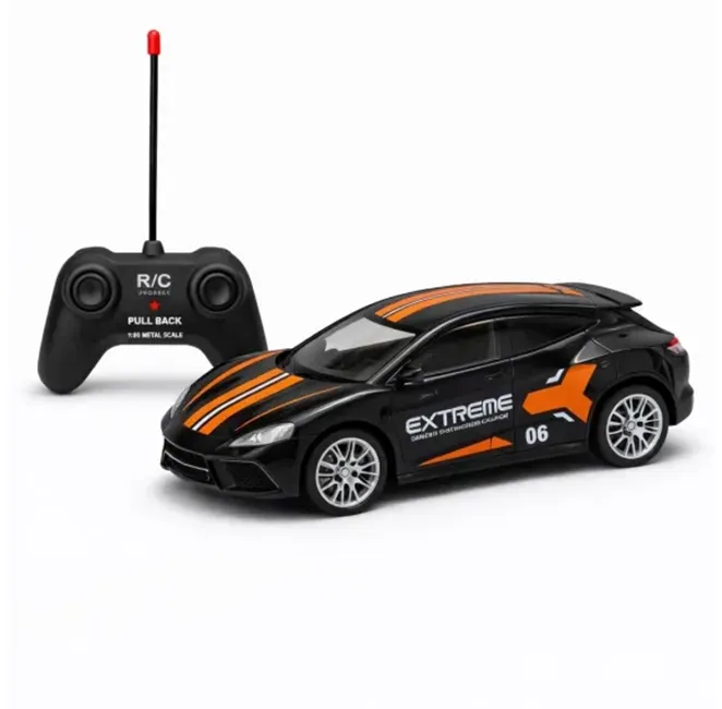 Jucării pentru băieței și seturi de acțiune - Mașină sport de jucărie cu telecomandă pentru copii, caroserie aerodinamică neagră cu dungi portocalii și grafică Extreme