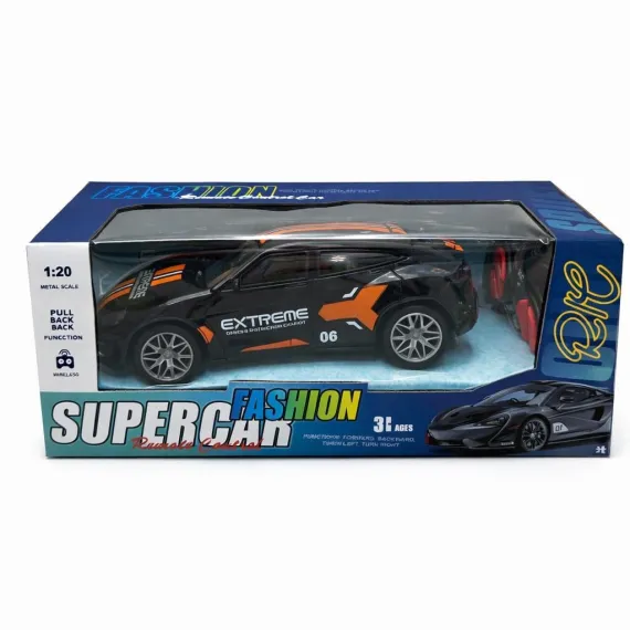 Mașină sport de jucărie cu telecomandă pentru copii, caroserie aerodinamică neagră cu dungi portocalii și grafică Extreme [1]