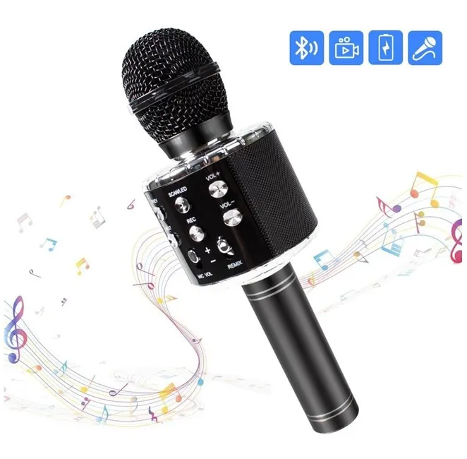 Jucării interactive și muzicale - Microfon wireless pentru karaoke profesional Bibica Edition, cu conexiune Bluetooth, difuzor încorporat și finisaj negru mat, ideal pentru petreceri și copii