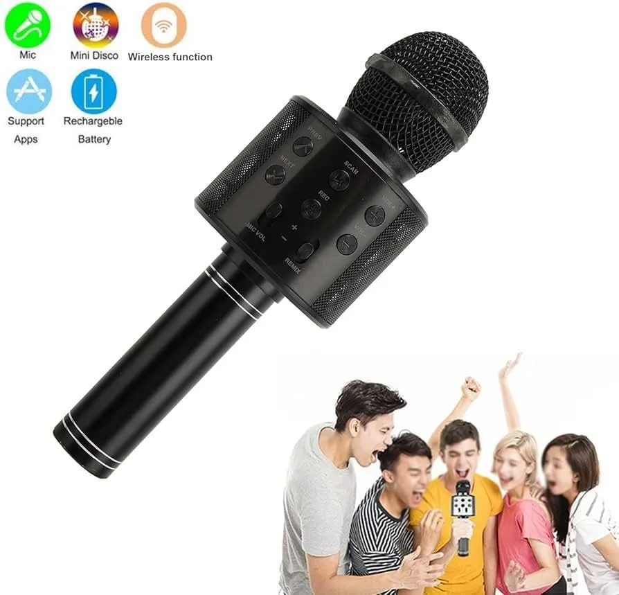 Microfon wireless pentru karaoke profesional Bibica Edition, cu conexiune Bluetooth, difuzor încorporat și finisaj negru mat, ideal pentru petreceri și copii [1]