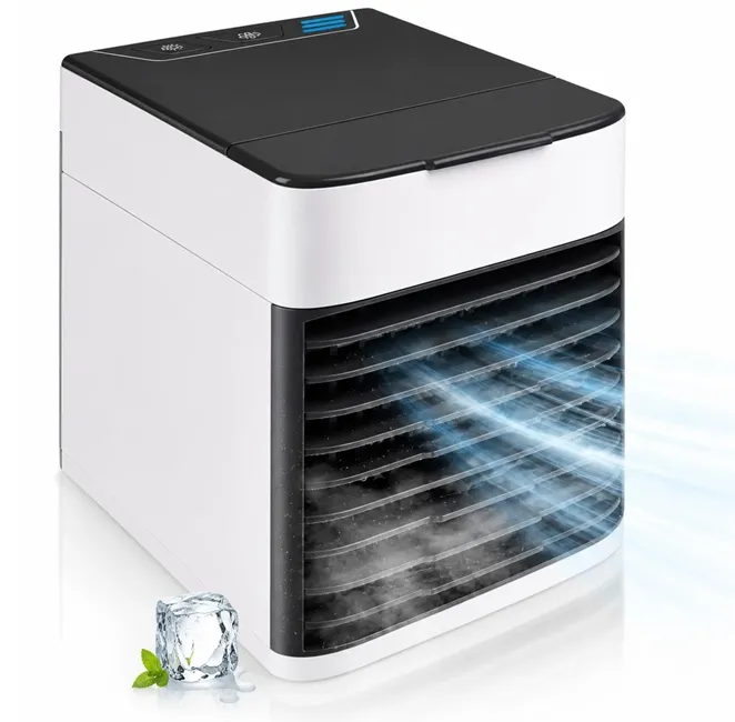 Electronice mici - Mini aer condiționat portabil Bibica Edition de culoare albă, cu dimensiuni de 15x14 cm, funcție de răcire cu apă și alimentare prin cablu USB