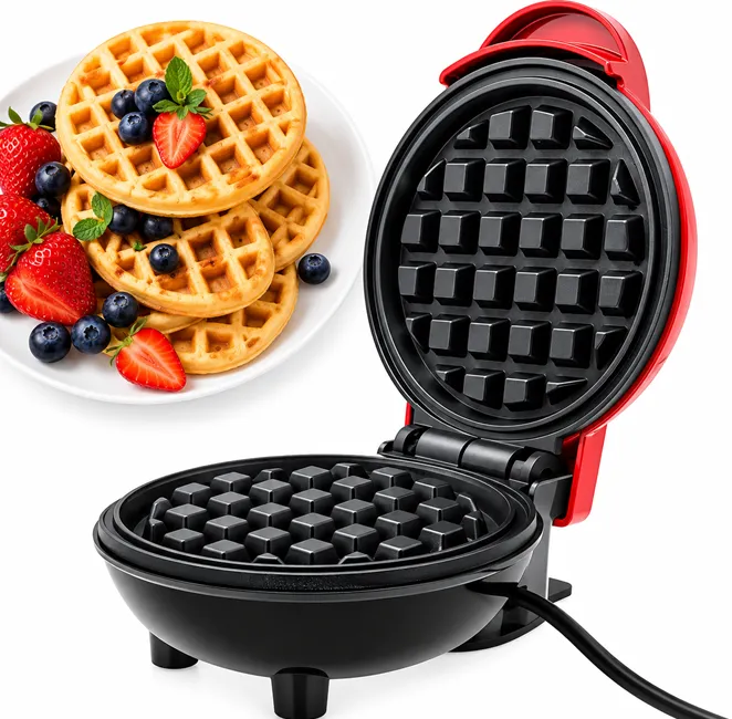 Electrocasnice mici - Mini aparat de făcut gofre și vafe roșu Bibica Edition cu indicator LED