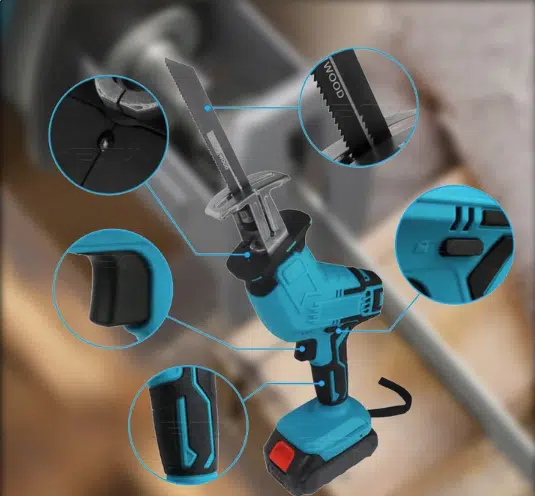 Mini fierăstrău portabil alimentat cu 2 acumulatori Li-ion de 24V, motor de 550W, viteză variabilă 0-3000 rpm [1]