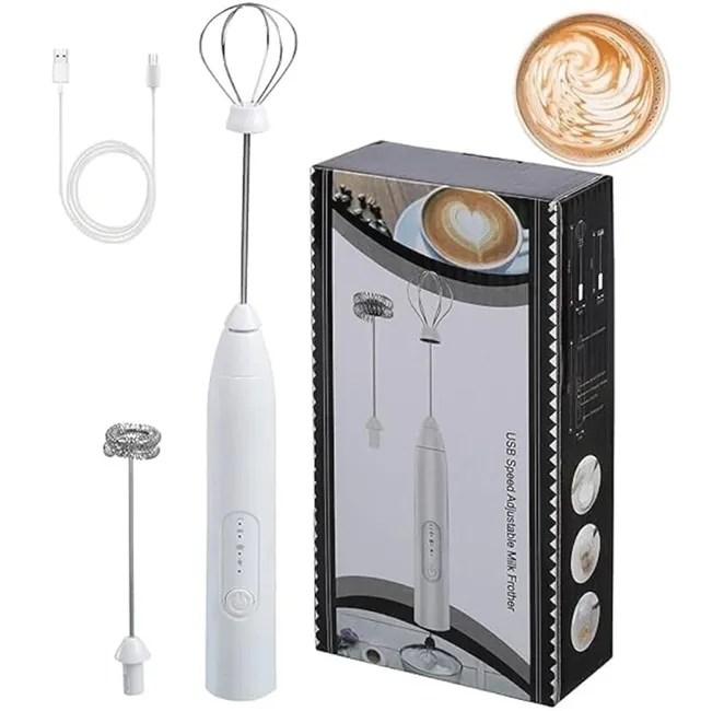 Electronice mici - Mini mixer electric multifuncțional alb din seria Bibica Edition, reîncărcabil prin USB, cu trei trepte de viteză și motor de 7500 RPM
