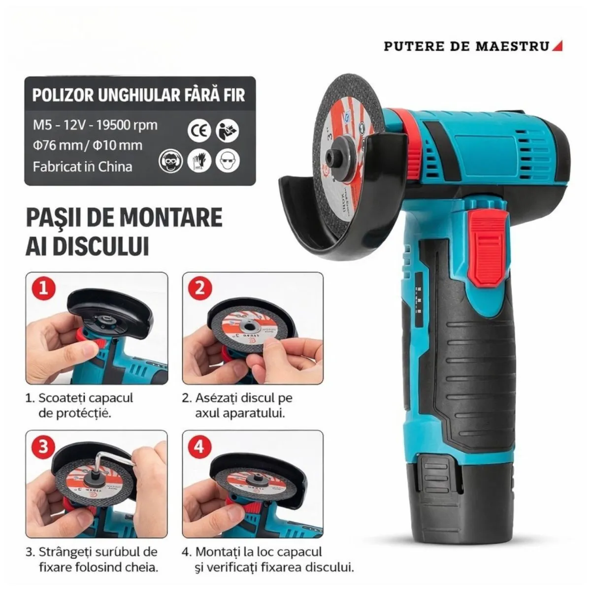 Mini Flex cu Acumulator 12V și 2 Baterii incluse – Polizor Unghiular Portabil de Precizie, 750W, 19500 RPM [1]