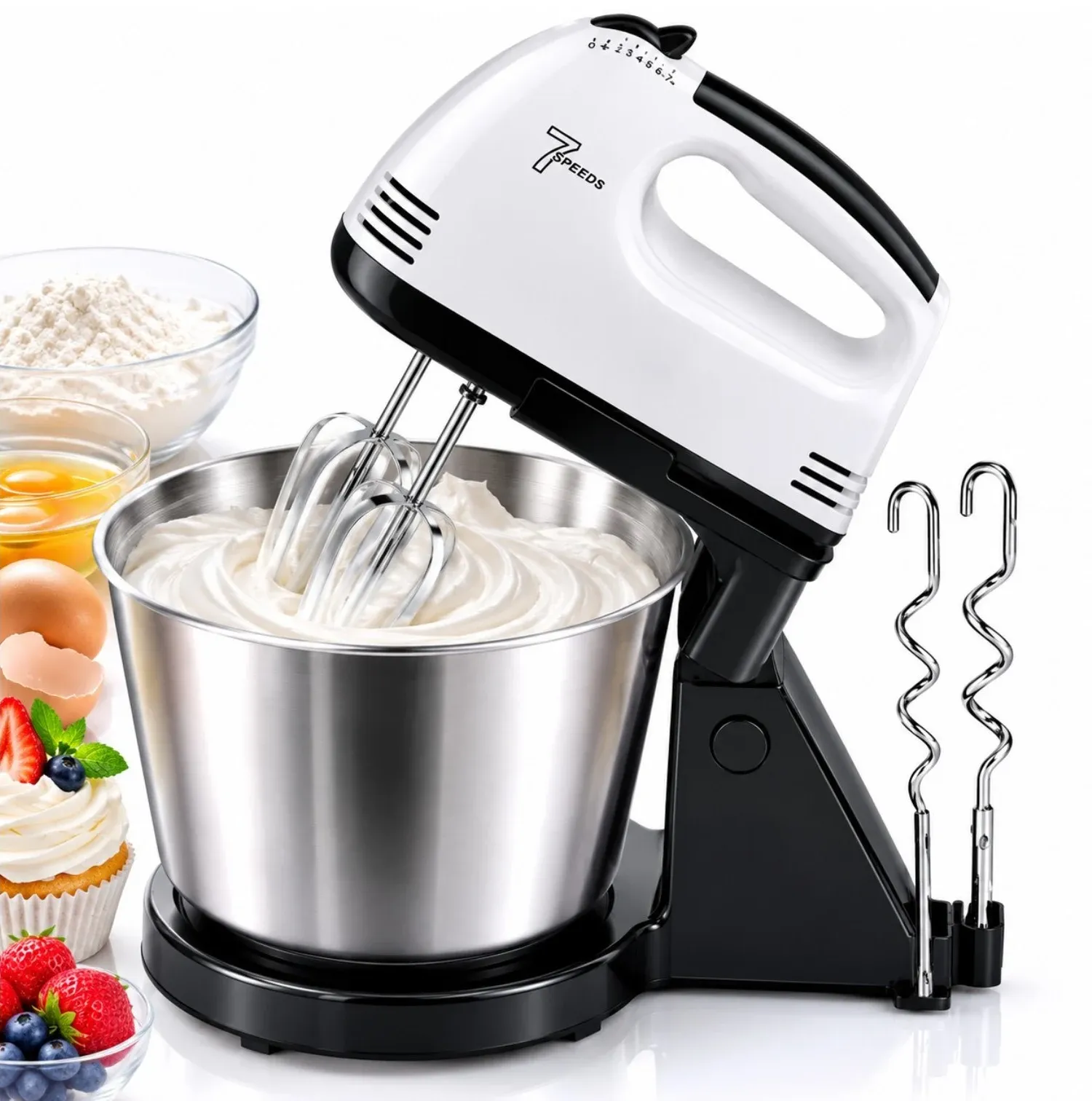 Mixer de Bucătărie pentru Frământat Aluat și Creme, cu Bol Inox 4L și Suport Stabil, 380W, 7 Viteze [1]