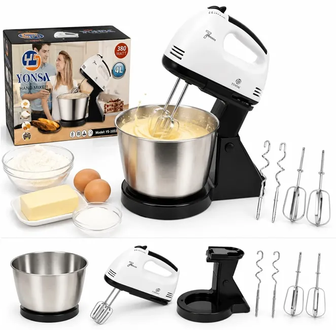 Accesorii bucătărie - Mixer de Bucătărie pentru Frământat Aluat și Creme, cu Bol Inox 4L și Suport Stabil, 380W, 7 Viteze