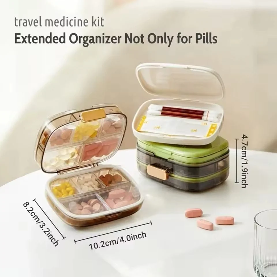 Organizator portabil pentru medicamente și suplimente alimentare Bibica Edition, de culoare crem, cu 8 compartimente și închidere etanșă [3]