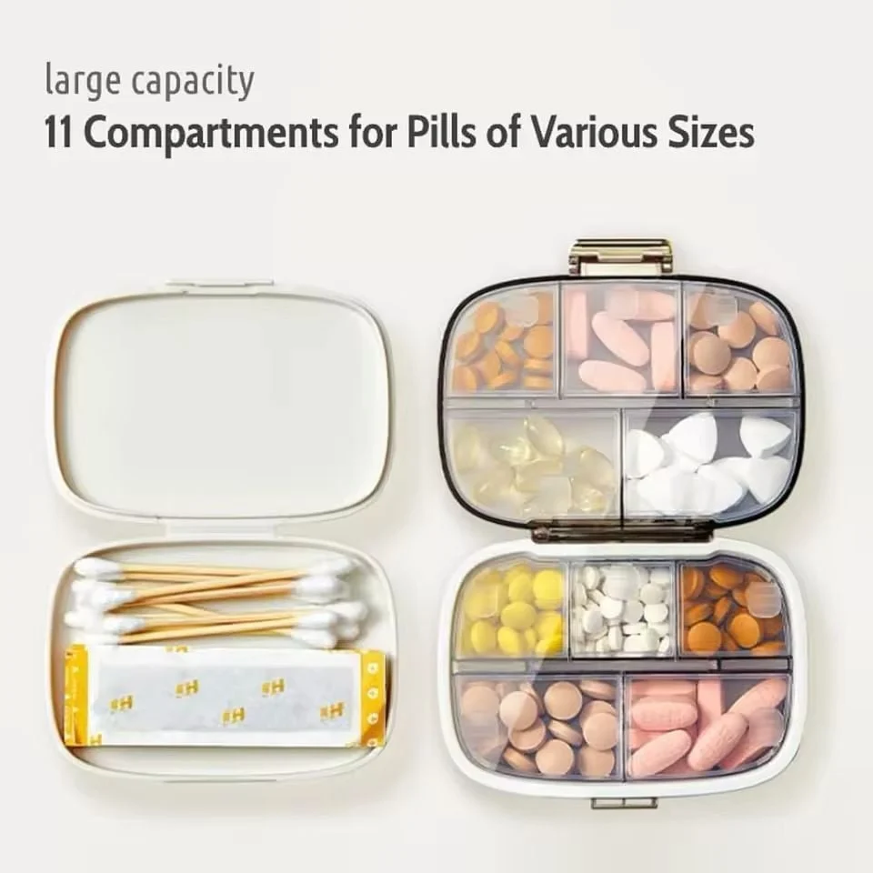 Organizator portabil pentru medicamente și suplimente alimentare Bibica Edition, de culoare crem, cu 8 compartimente și închidere etanșă [1]
