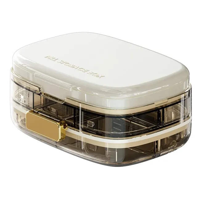 Accesorii casa - Organizator portabil pentru medicamente și suplimente alimentare Bibica Edition, de culoare crem, cu 8 compartimente și închidere etanșă