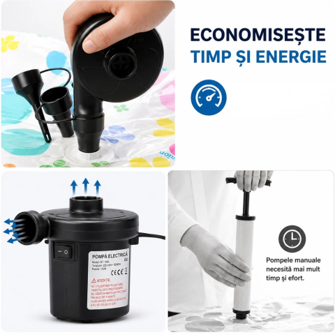 Pompă de aer electrică de umflat gonflabile de 11x9 cm cu adaptoare 220V și 12V auto și 3 duze [2]