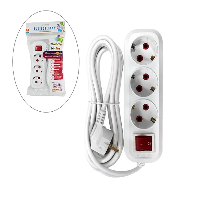 Accesorii casa - Prelungitor electric cu 3 prize și cablu de 5 metri, dotat cu buton roșu iluminat și protecție pentru copii, gama Bibica Edition