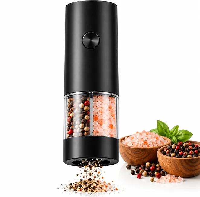 Accesorii bucătărie - Râșniță electrică pentru condimente, sare și piper Bibica Edition de 18 cm, culoare neagră mată cu recipient transparent pentru vizibilitatea ingredientelor