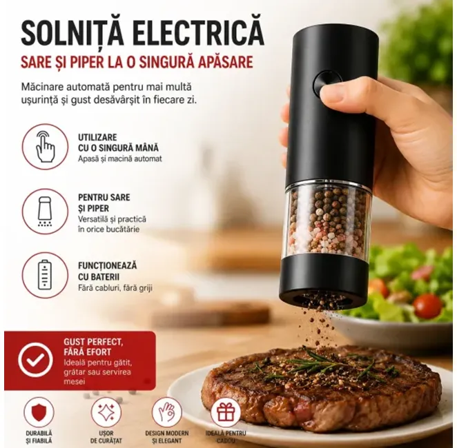 Accesorii casa - Râșniță electrică pentru condimente, sare și piper Bibica Edition de 18 cm, culoare neagră mată cu recipient transparent pentru vizibilitatea ingredientelor