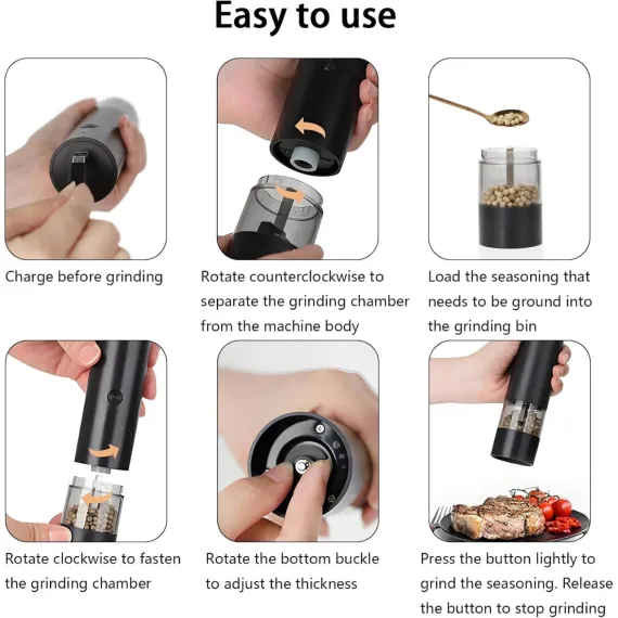 Râșniță electrică automatizată de culoare neagră pentru măcinarea sării și piperului, reîncărcabilă prin USB [1]