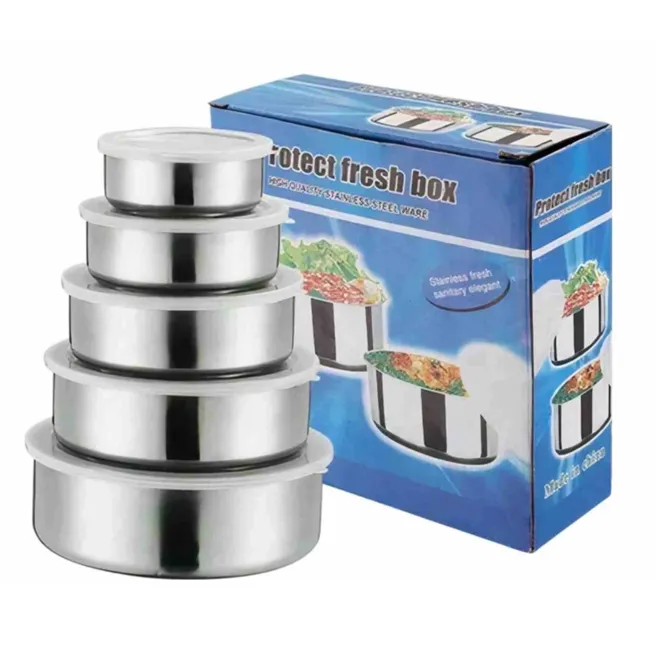 Accesorii bucatarie - Set de 5 caserole din inox stivuibile cu capace etanșe pentru depozitarea alimentelor în frigider