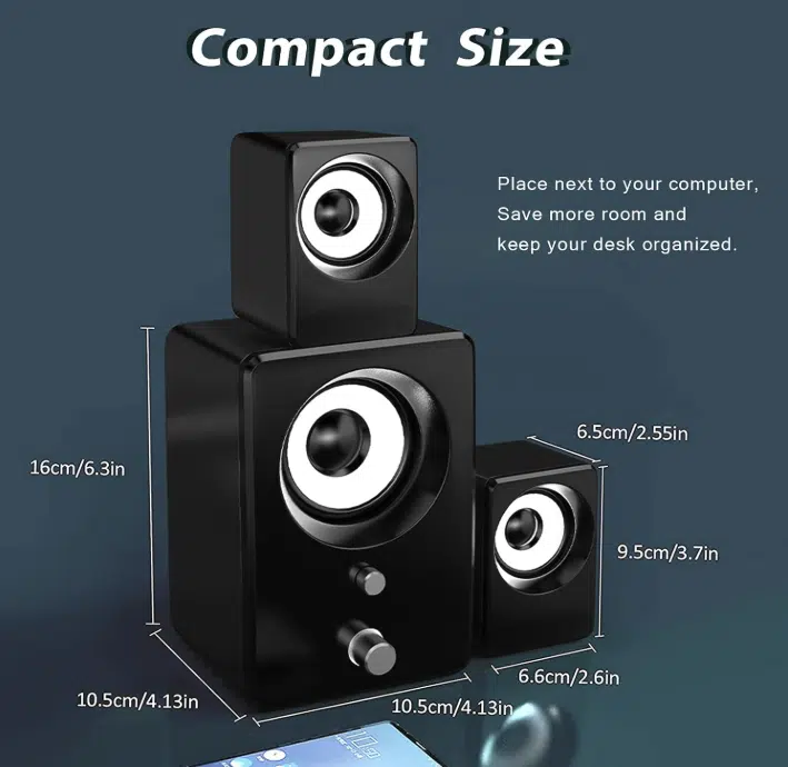 Sistem audio multimedia 2.1 activ pentru PC și laptop, cu subwoofer central negru, butoane frontale de volum și bas, și doi sateliți stereo [4]