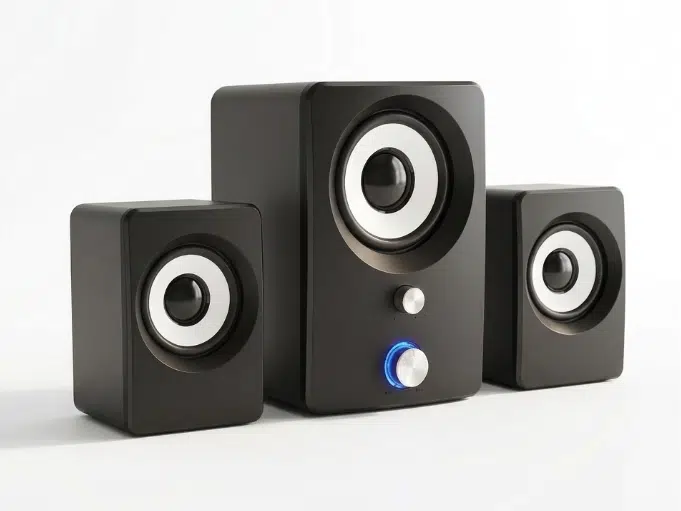 Sistem audio multimedia 2.1 activ pentru PC și laptop, cu subwoofer central negru, butoane frontale de volum și bas, și doi sateliți stereo [1]