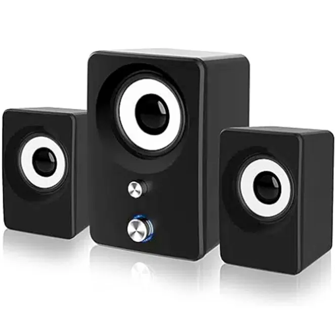 Electronice & electrocasnice - Sistem audio multimedia 2.1 activ pentru PC și laptop, cu subwoofer central negru, butoane frontale de volum și bas, și doi sateliți stereo