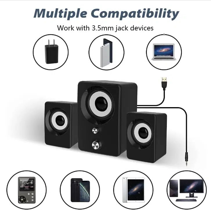 Sistem audio multimedia 2.1 activ pentru PC și laptop, cu subwoofer central negru, butoane frontale de volum și bas, și doi sateliți stereo [3]
