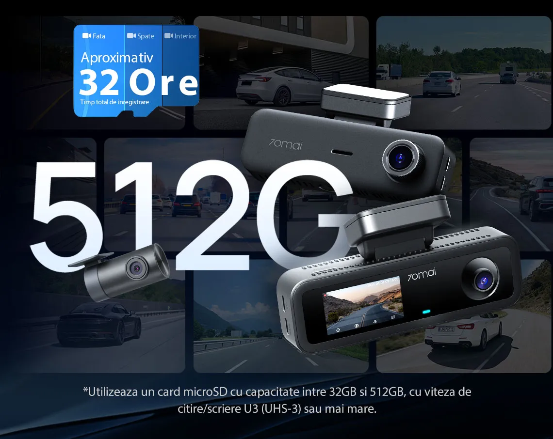 Sistem de camere auto triplu 70mai T400-1 cu înregistrare simultană pe 3 canale (Față 2K, Interior FHD și Spate FHD). Cameră de bord profesională ideală pentru ridesharing, flote sau uz personal. Dotată cu iluminare infraroșu (IR) pentru habitaclu, GPS integrat cu 5 benzi, ecran IPS de 1.9 inch și conectivitate rapidă Wi-Fi 6. Funcționează pe bază de supercapacitor pentru o rezistență termică maximă la temperaturi extreme. Include cameră pentru lunetă RC21 și senzor G pentru impact. [6]