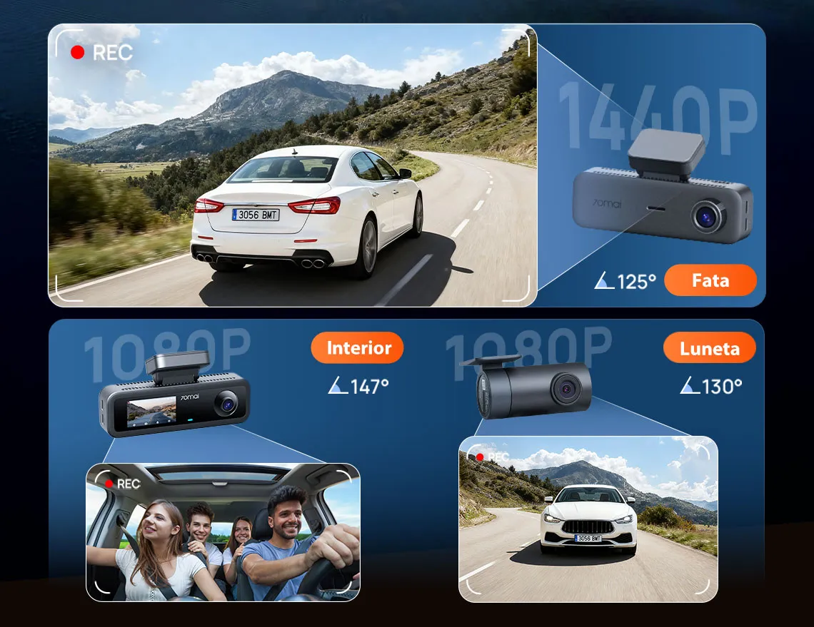 Sistem de camere auto triplu 70mai T400-1 cu înregistrare simultană pe 3 canale (Față 2K, Interior FHD și Spate FHD). Cameră de bord profesională ideală pentru ridesharing, flote sau uz personal. Dotată cu iluminare infraroșu (IR) pentru habitaclu, GPS integrat cu 5 benzi, ecran IPS de 1.9 inch și conectivitate rapidă Wi-Fi 6. Funcționează pe bază de supercapacitor pentru o rezistență termică maximă la temperaturi extreme. Include cameră pentru lunetă RC21 și senzor G pentru impact. [11]