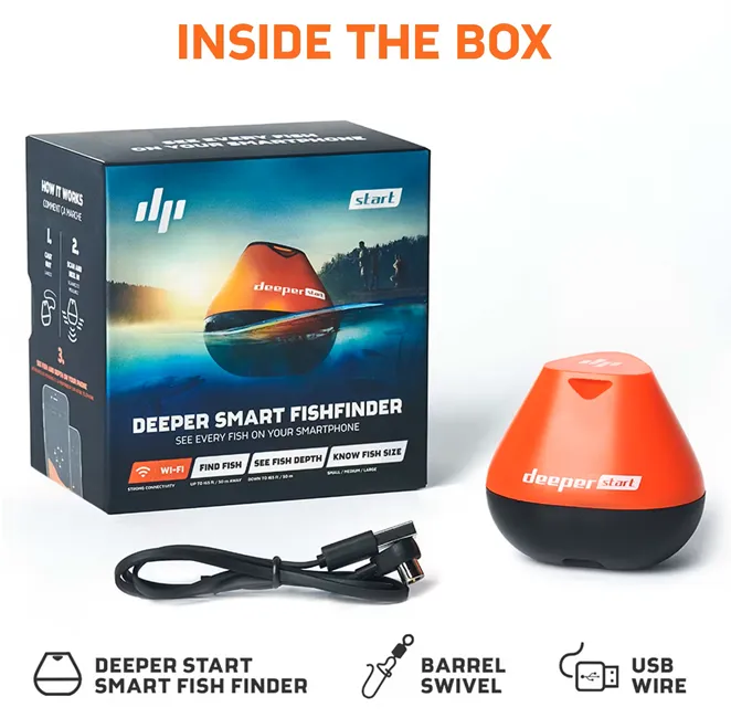 Articole vânătoare & pescuit - Sonar wireless lansabil Deeper Start Fishfinder GLB pentru smartphone, cu conexiune Wi-Fi, rază de 50 de metri și lanternă LED