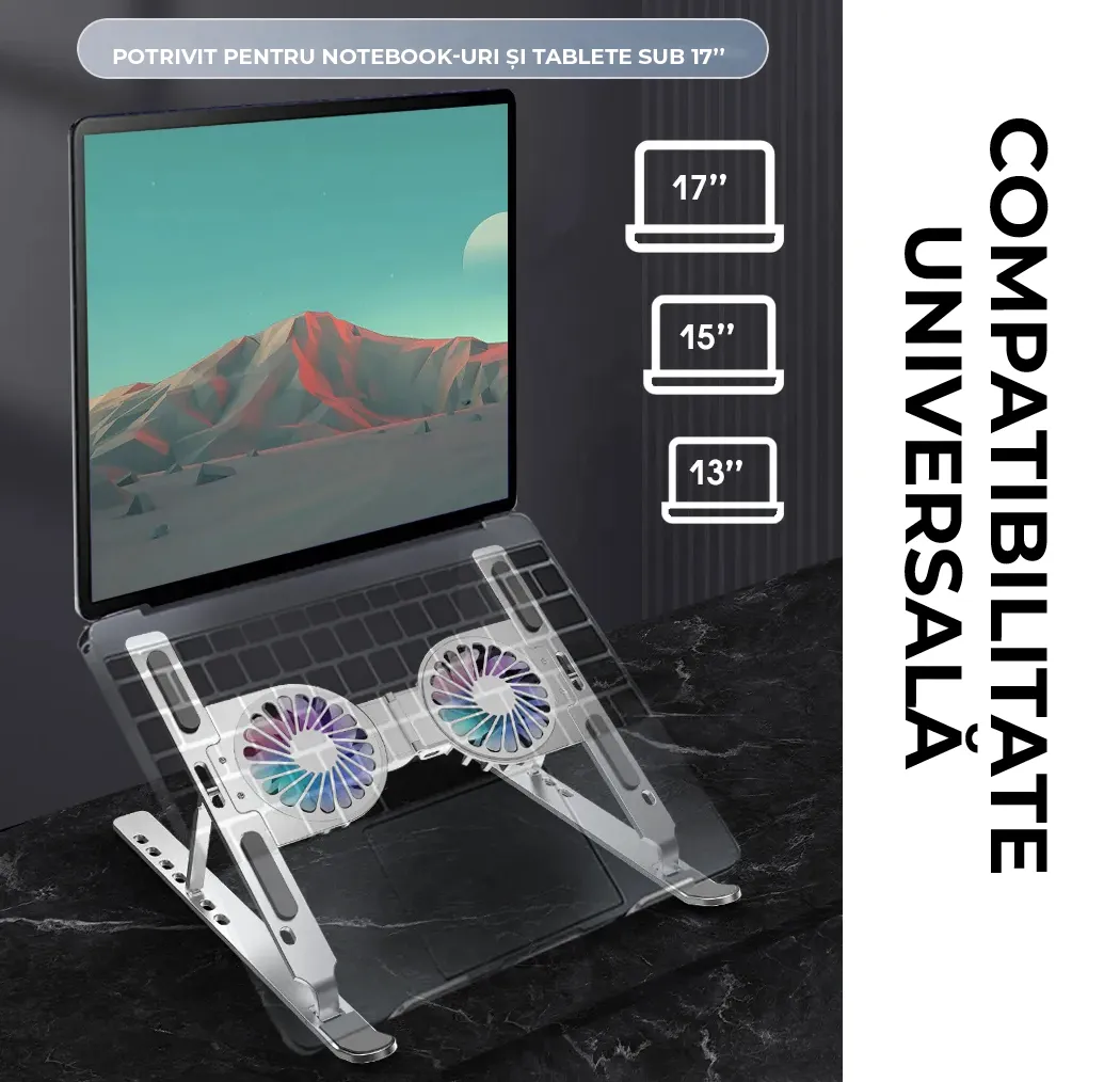 Stand Laptop cu Cooler Dublu Detașabil Bibica, din Aluminiu, Ergonomic și Pliabil, Diagonala 10-15.6 inch, Argintiu [1]