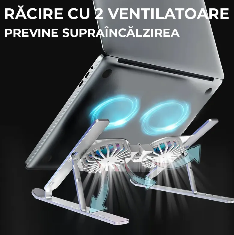 Stand Laptop cu Cooler Dublu Detașabil Bibica, din Aluminiu, Ergonomic și Pliabil, Diagonala 10-15.6 inch, Argintiu [3]