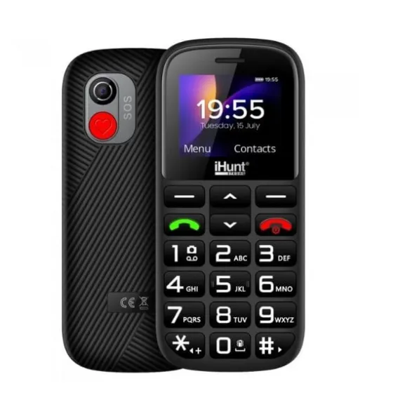 Telefon pentru seniori și bătrâni iHunt Senior Comfort de culoare neagră, cu taste mari vizibile, ecran color și buton SOS pe spate [1]