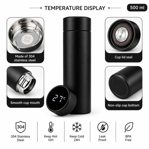 Termos inteligent din oțel inoxidabil de 500ml cu afișaj LED activ al temperaturii pe capac [1]