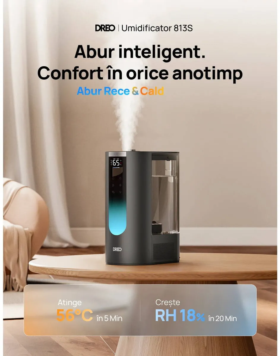 Umidificator de aer hibrid inteligent Dreo 813S Smart, culoare neagră, cu emisie de ceață caldă și rec [3]