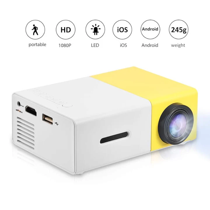 Mini videoproiector portabil galben și alb Bibica Edition Full HD cu telecomandă și accesorii. [1]