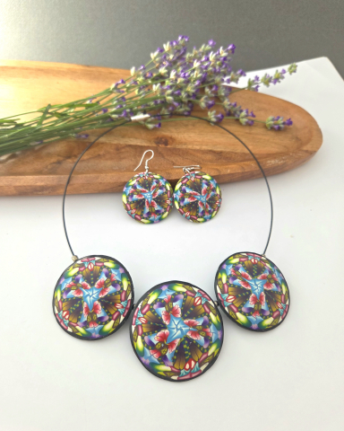 BIJUTERII STATEMENT - FLORAL DREAM  - Set bijuterii lut polimeric stil kaleidoscope — colier + cercei