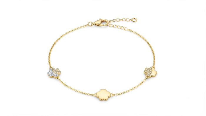 Brățară Aur 14K cu Flori Minimaliste – Design Pavat cu Cristale [1]